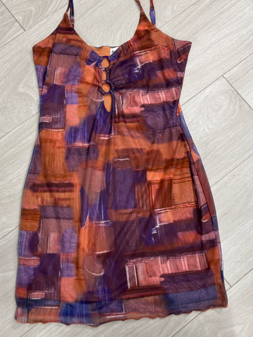 Princess Poly Abstract Sheer Halter Dress UK 10 US 6 Orange Purple Mesh